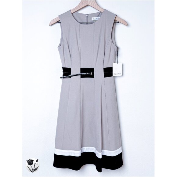 Women's NWT CALVIN KLEIN Dress 2P Belted Sleeveless Gray Black White Knee Length - Picture 1 of 16